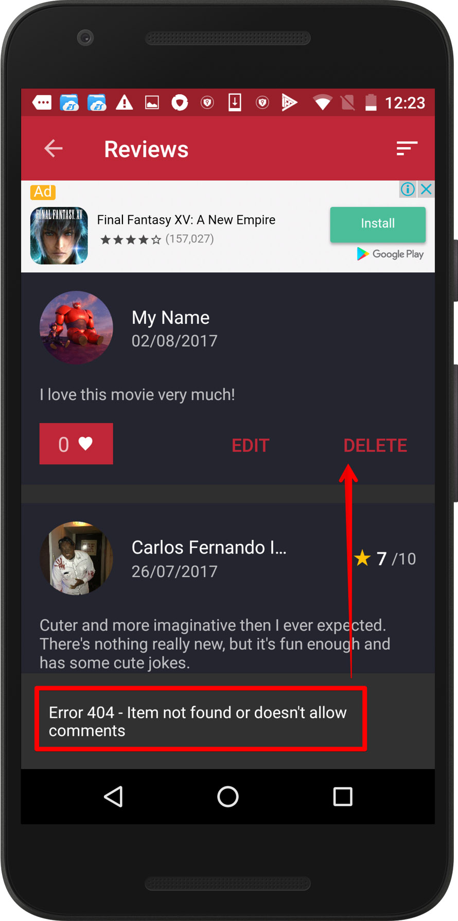 CineTrak app - removing review bug, screen 2 / Weekly bug crawl by QAwerk