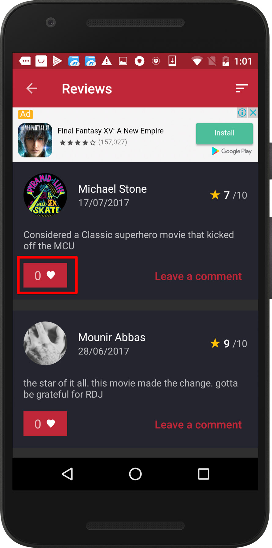 CineTrak app - review can be liked twice, screen 1 / Weekly bug crawl by QAwerk