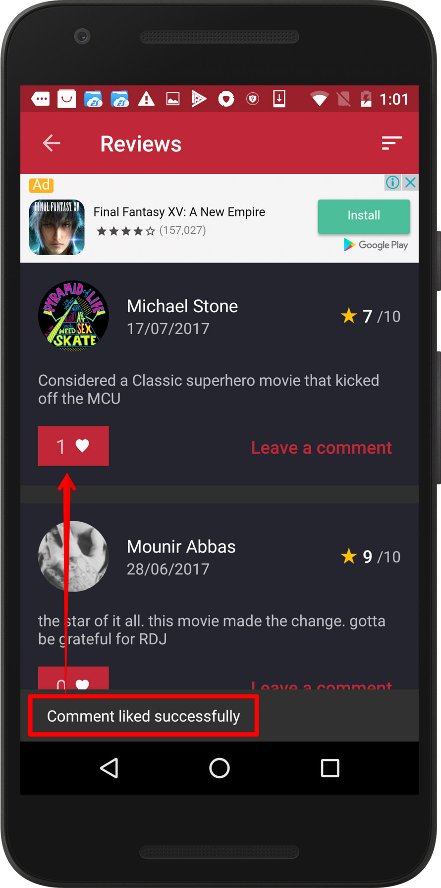 CineTrak app - review can be liked twice, screen 2 / Weekly bug crawl by QAwerk