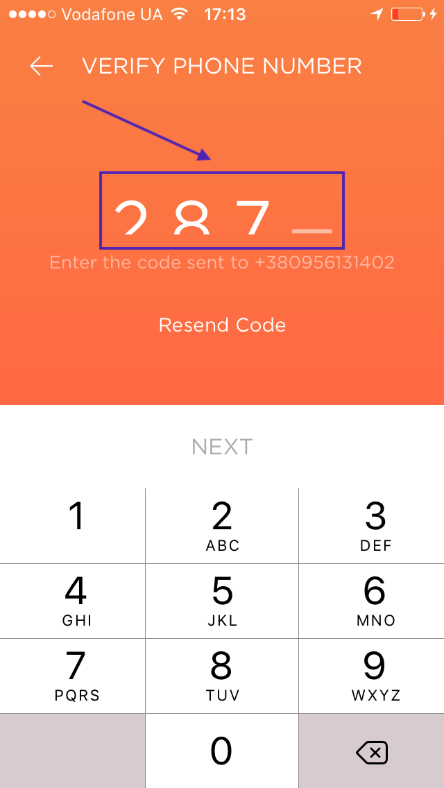 The code is cut on “VERIFY PHONE NUMBER” page