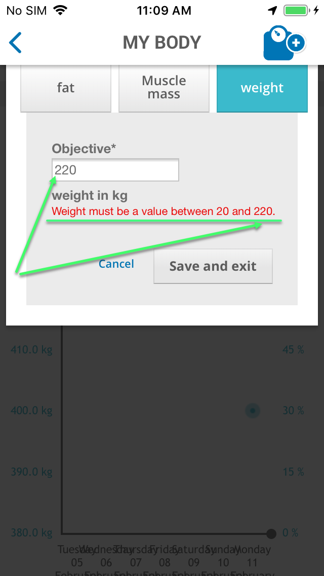 Message with an incorrect value of the boundary parameters is shown