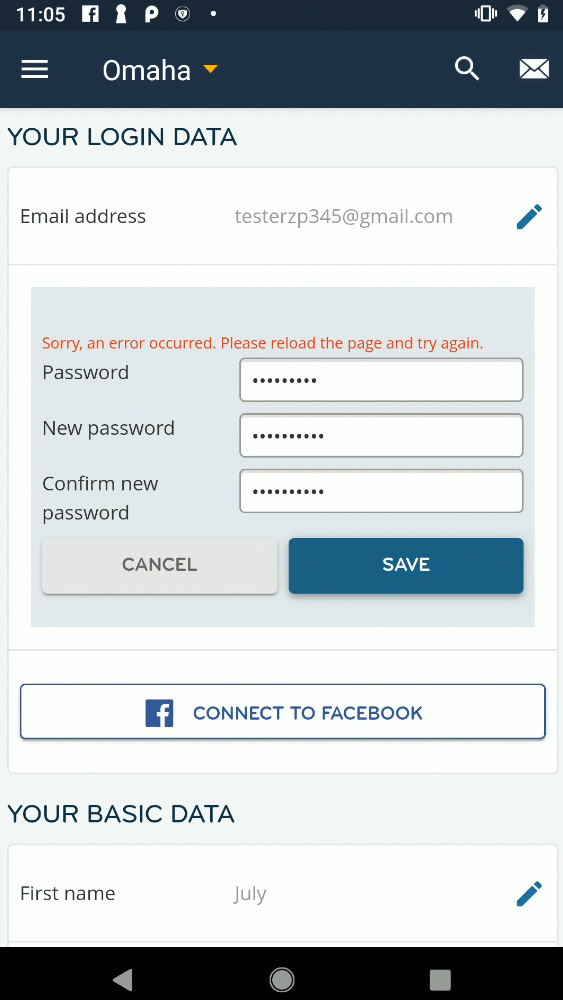 The error is displayed while trying to change a password on the “Your login data”.