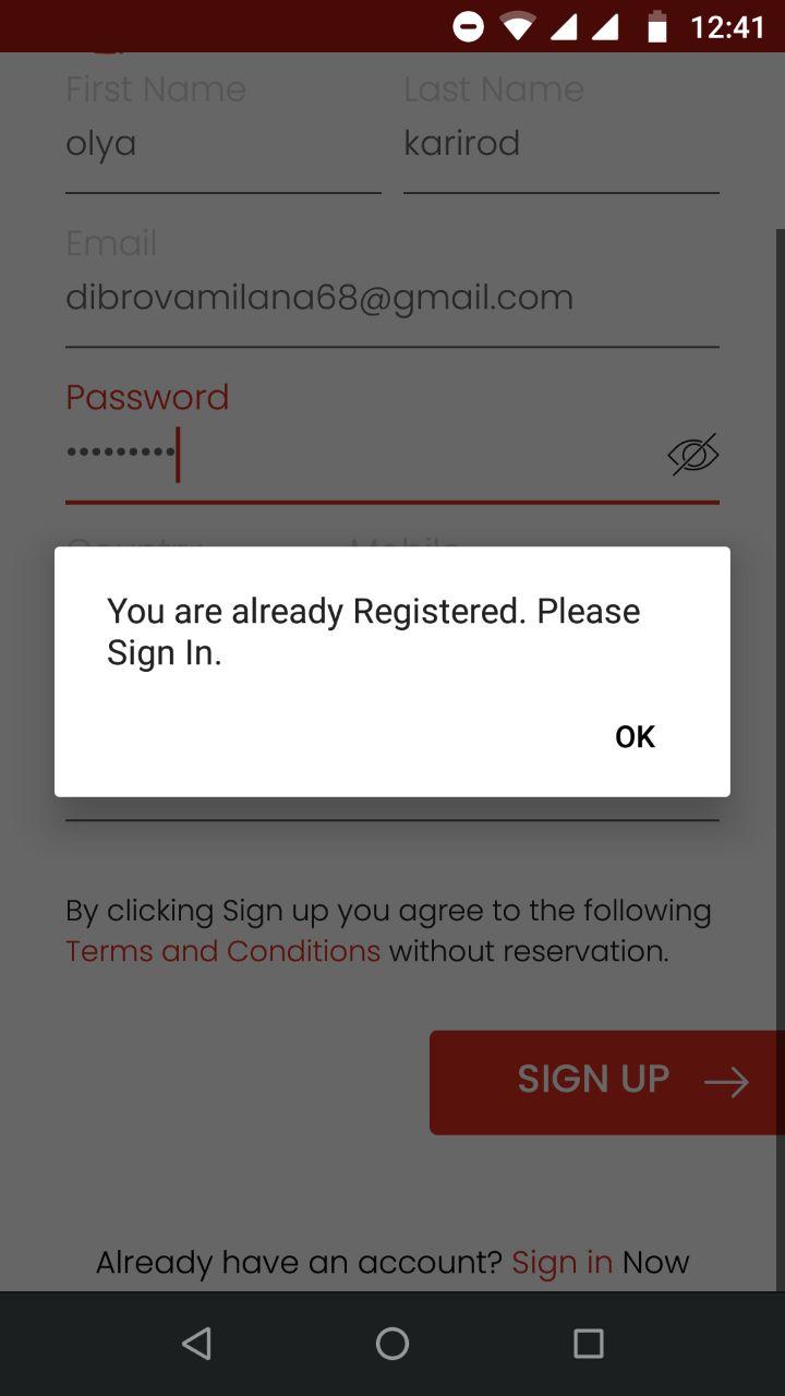Incorrect pop-up after try to sign up with registered email
