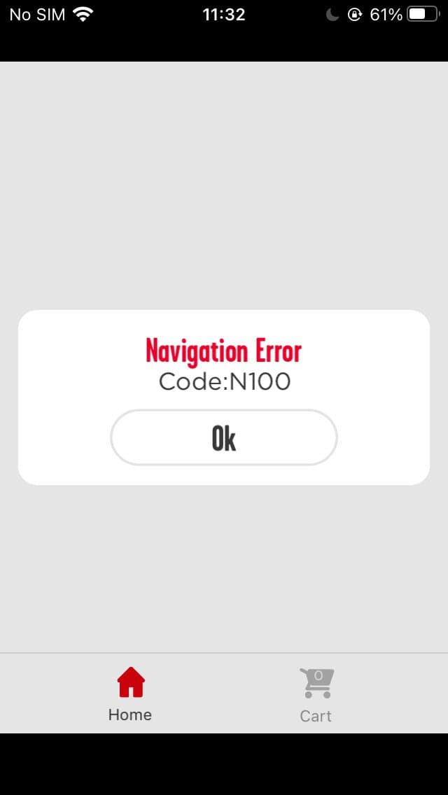 Navigation error (Code 101) appears after tapping the “Begin Order” button