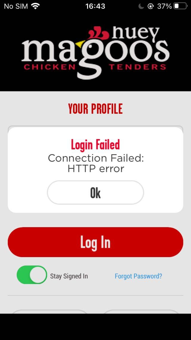 Connection failed: HTTP error message appears after tapping the “Log In” button