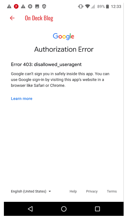 The user is not able to login via their “Google” account; the “403” error message is displayed