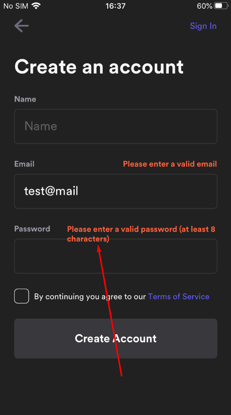 The validation error message overlaps the border of the password field