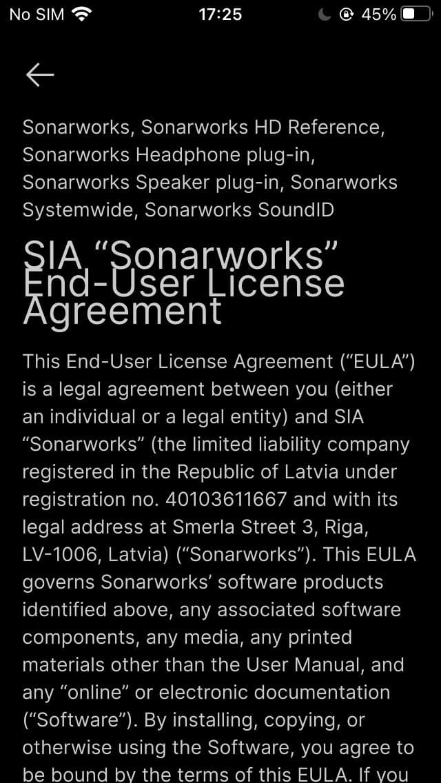 The words within “SIA ‘Sonarworks’ End-User License Agreement” sentence slightly overlap each other