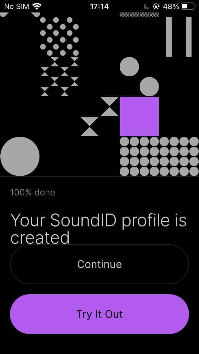 The “Your SoundID profile is created” message and “Continue” button are not properly spaced