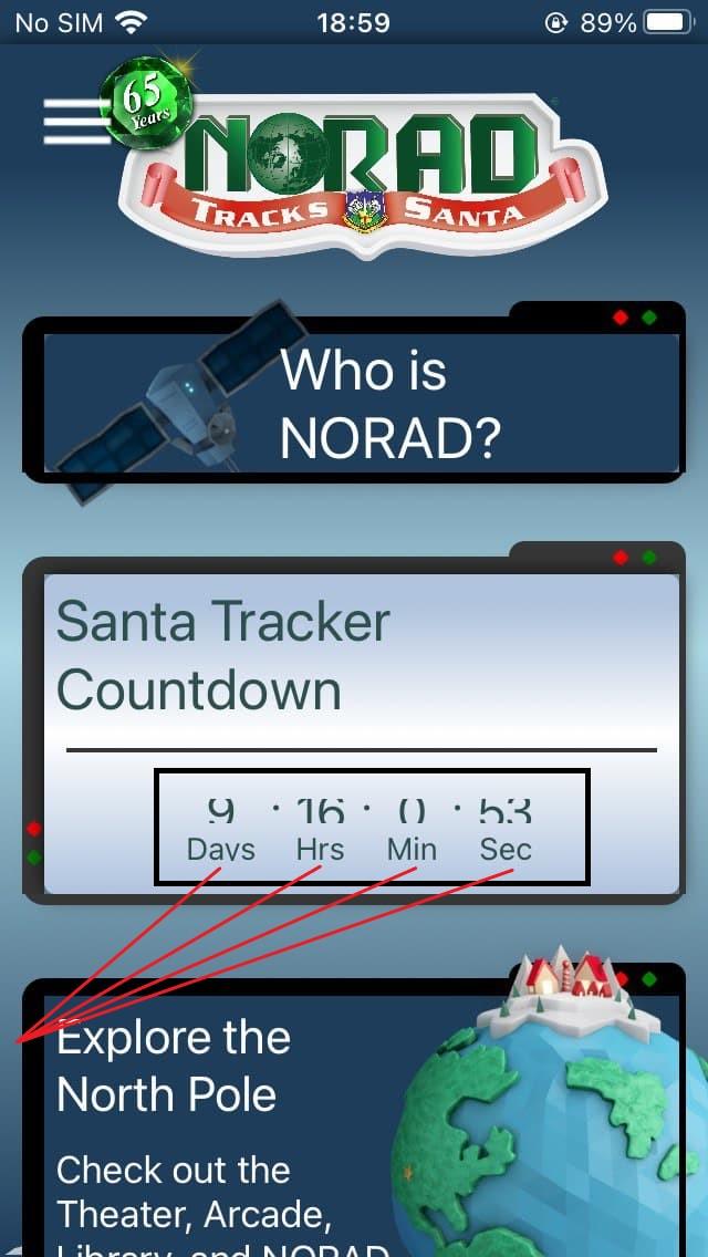 The counting numbers of “Santa Tracker Countdown” representing the values of Days, Hours, Minutes and seconds aren’t fully shown