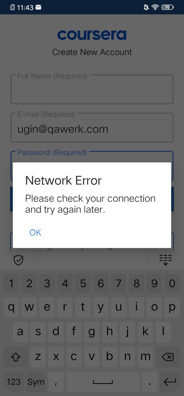 Network error on the Create account page