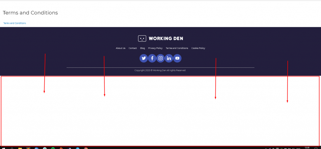 The footer on “Privacy Policy”, “Terms and Conditions”, “Cookie policy” is displayed in the middle of the page