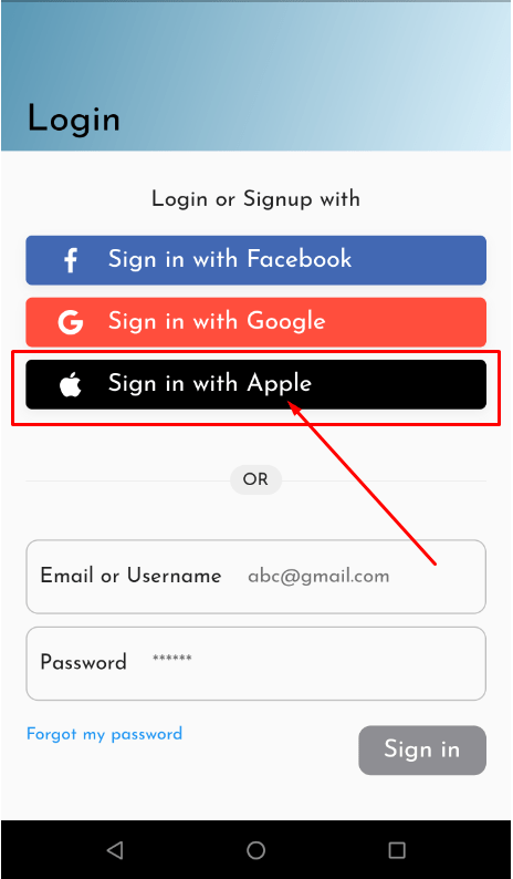 The “Sign in with Apple” button is displayed on the “Login” page for Android users