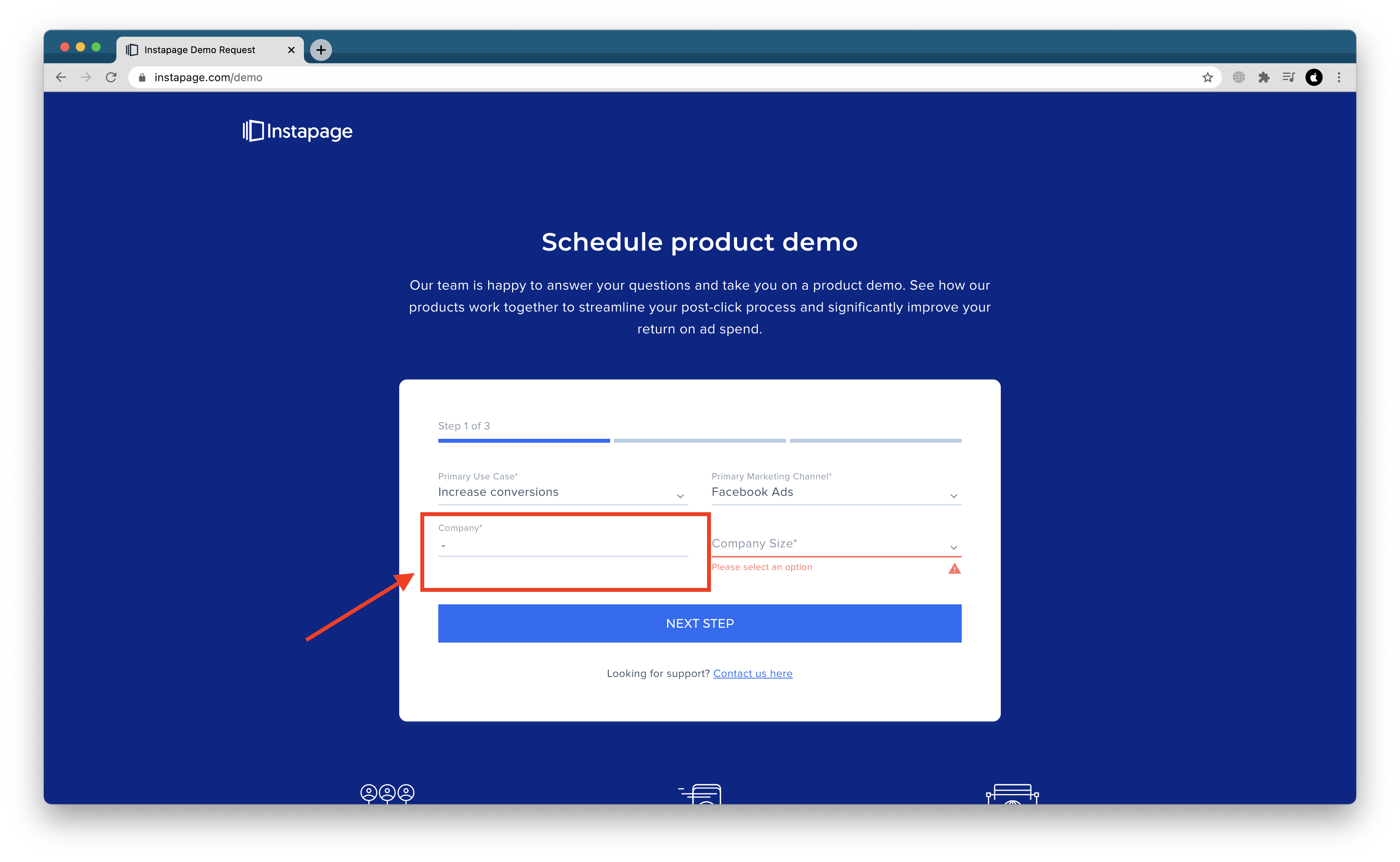 Demo page lacks validation for the company name input