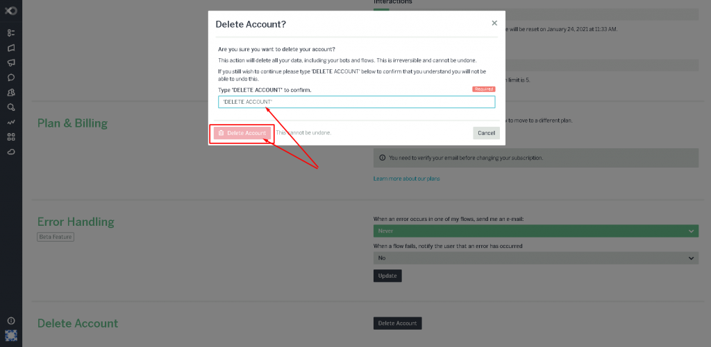 Users cannot delete an account from the admin dashboard