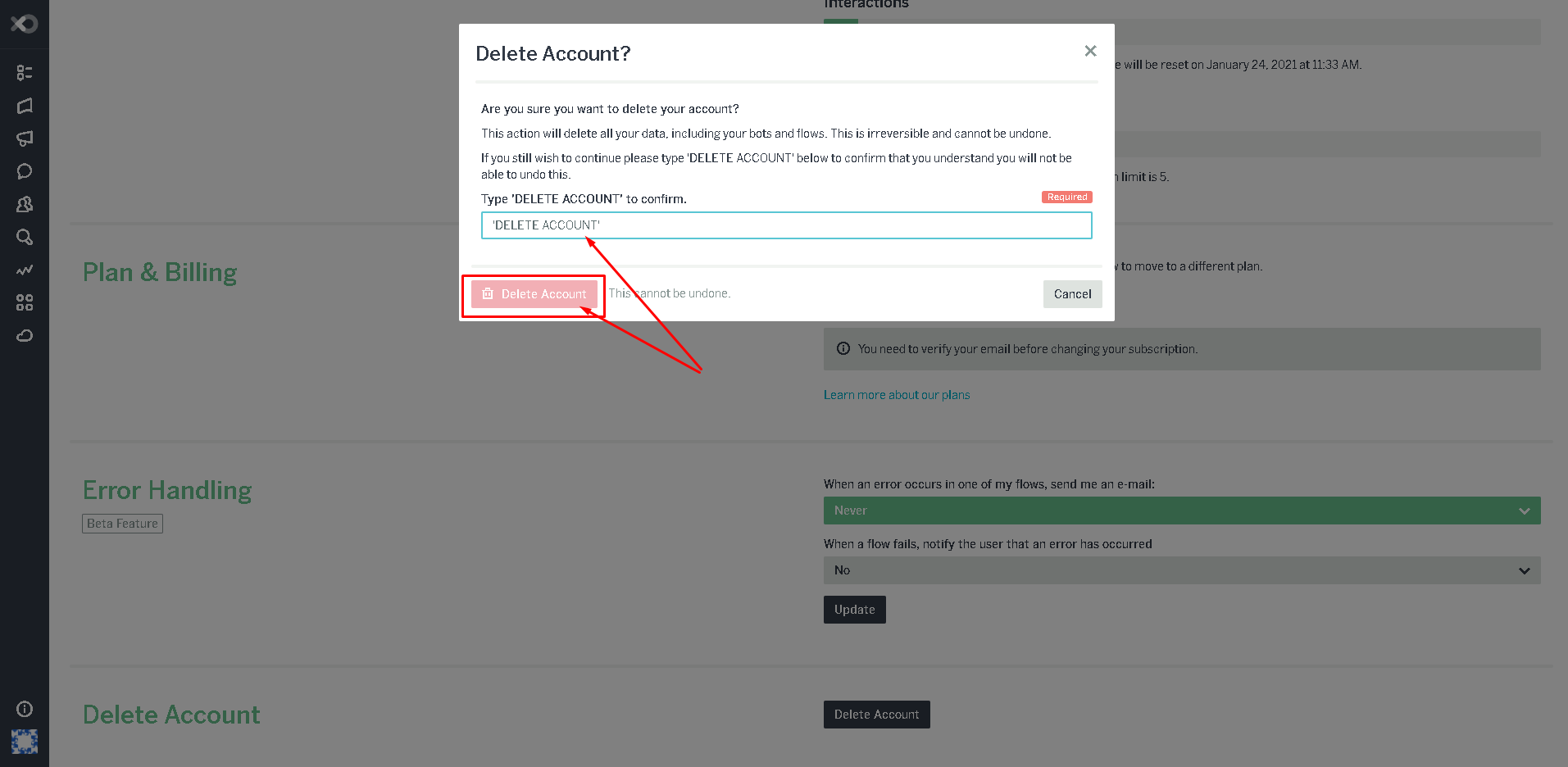 Users cannot delete an account from the admin dashboard