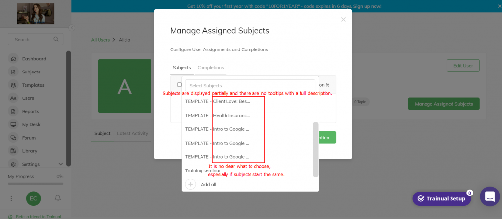 Subjects are displayed partially without tooltips when managing Assigned Subjects