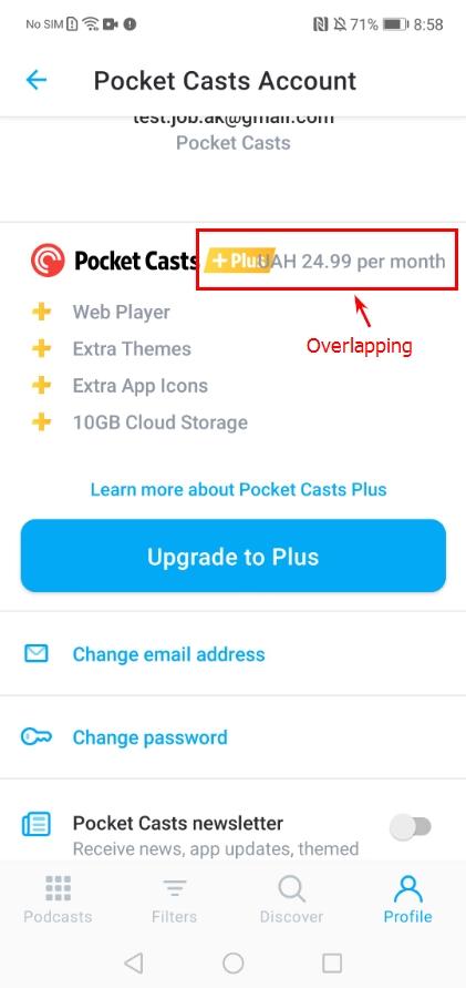 The ‘Subscription Cost’ textbox overlaps the ‘Subscription’ title in the Pocket Casts Account