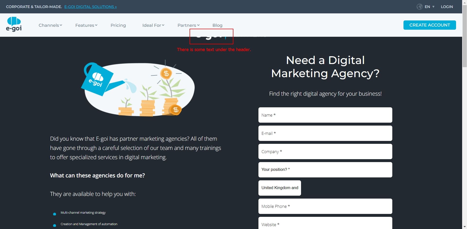 There is some hidden text under the header on the ‘Partner agencies’ page