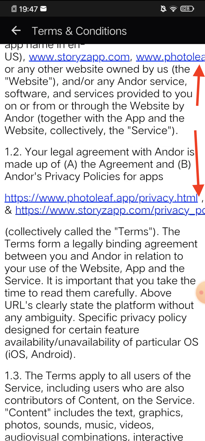 Some Terms and Conditions links do not fit the screen