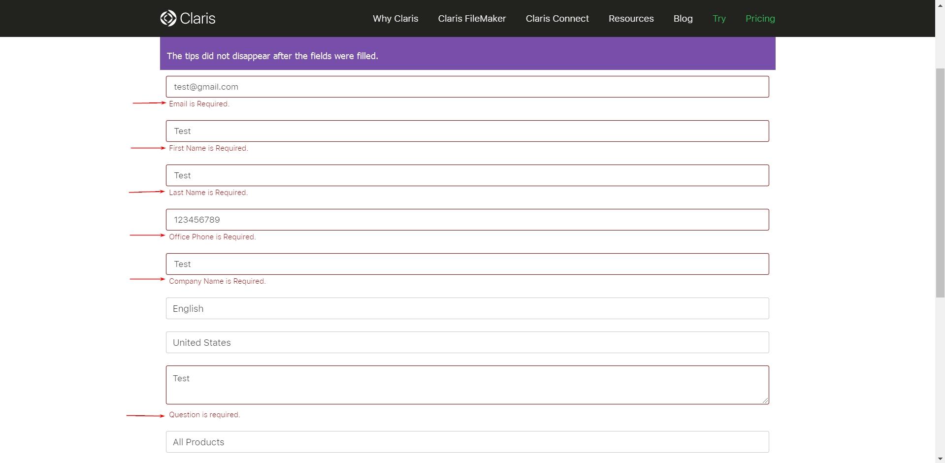 The error alerts do not disappear after the fields were filled