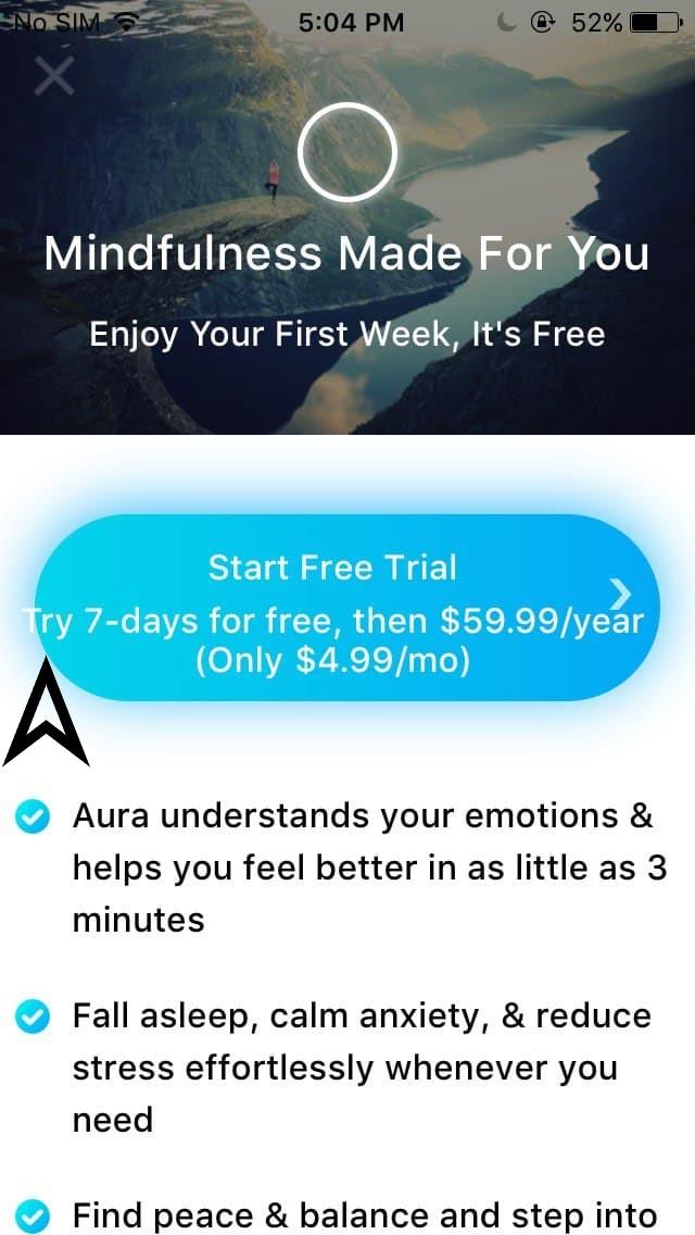 “Try 7-days for free, then $59.99/year” text goes beyond the Start Free Trial button on the “Mindfulness Made For You” pop-up