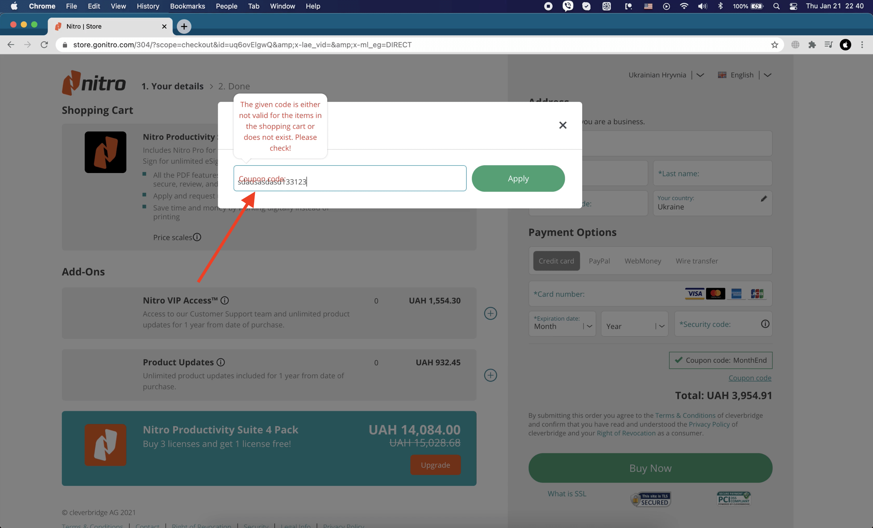 The coupon code overlaps with the input placeholder