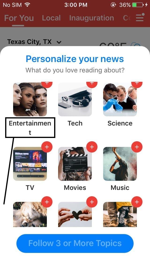 The letter T within the ‘Entertainment’ category moves to the next line during the Personalize your news step