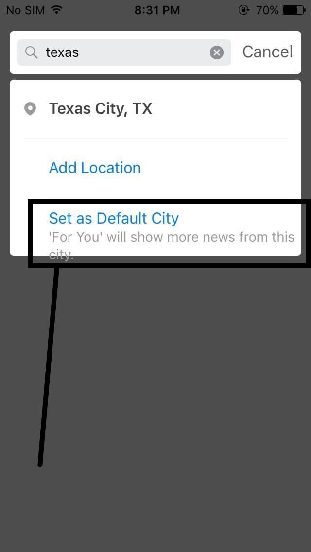 The text 'For you' will show more news from this city within the Set as Default City option overflows beyond the section