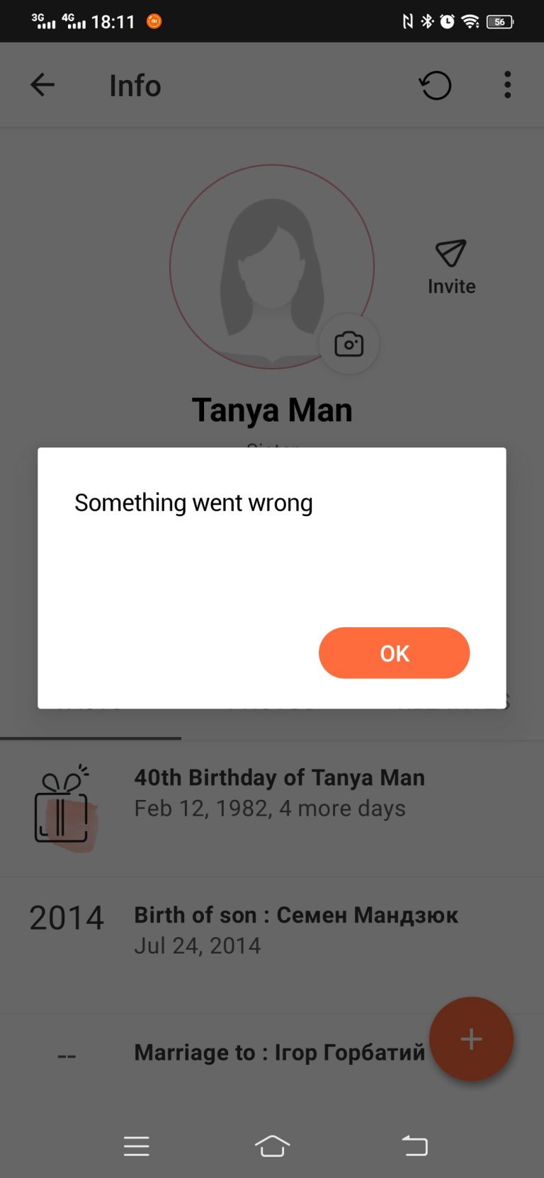 “Something went wrong” error appears when user tries to delete person from family tree