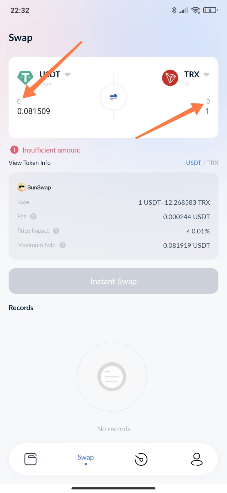 Exchange section shows sum of 0