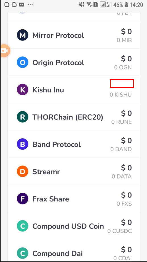 Receive token list - fiat currency amount for Kishu Inu is not displayed