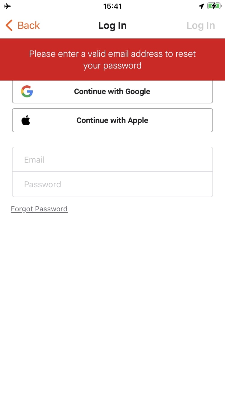 No bugs found when trying to reset password without providing email