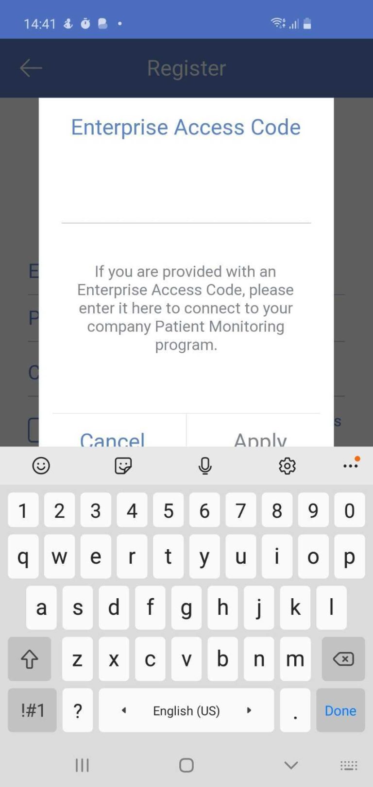 Mobile keyboard overlaps “Cancel” and “Apply” button when registering with enterprise code