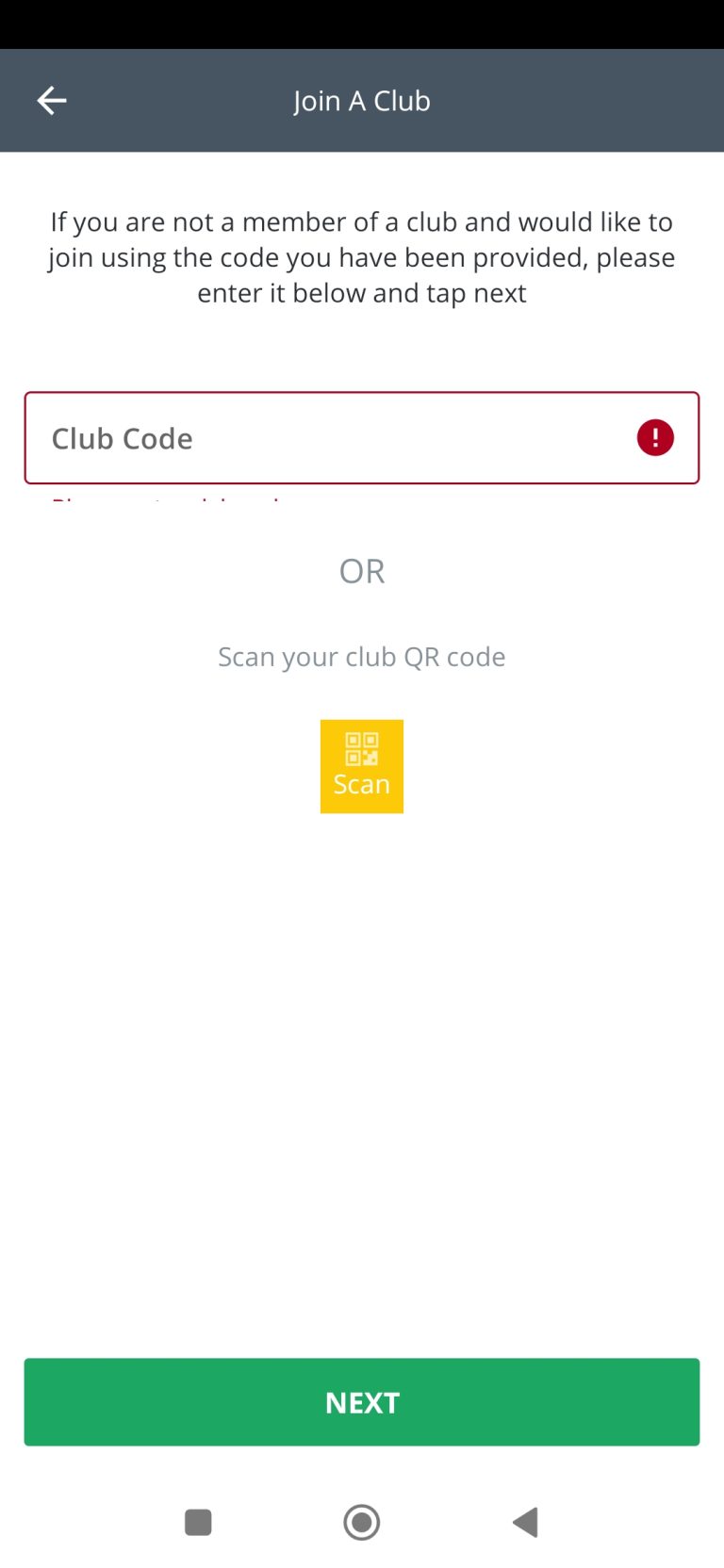 Warning for empty ‘Club Code’ field is not visible on ‘Join a Club’ page