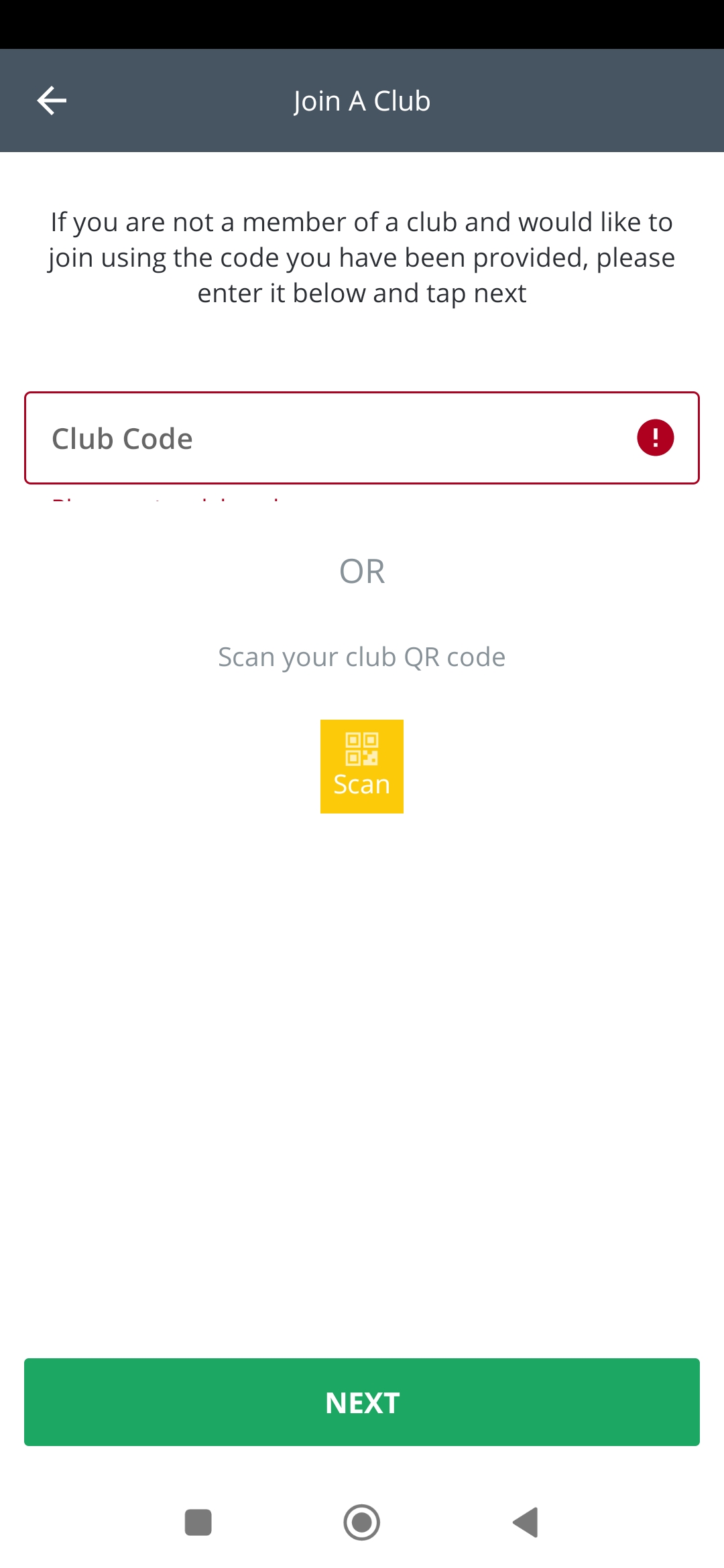 Warning for empty ‘Club Code’ field is not visible on ‘Join a Club’ page