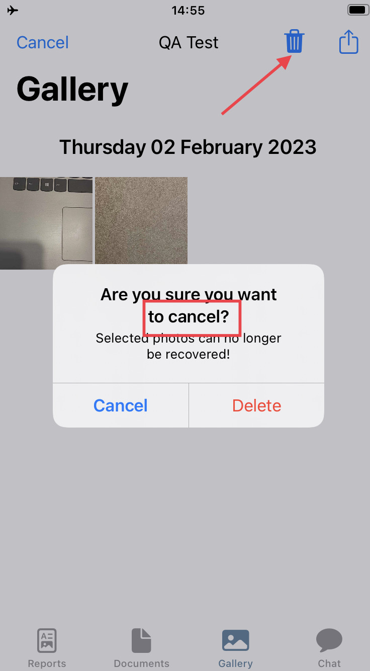 ‘Cancel’ instead of ‘delete’ is written in popup after deleting pictures on ‘Gallery’ page
