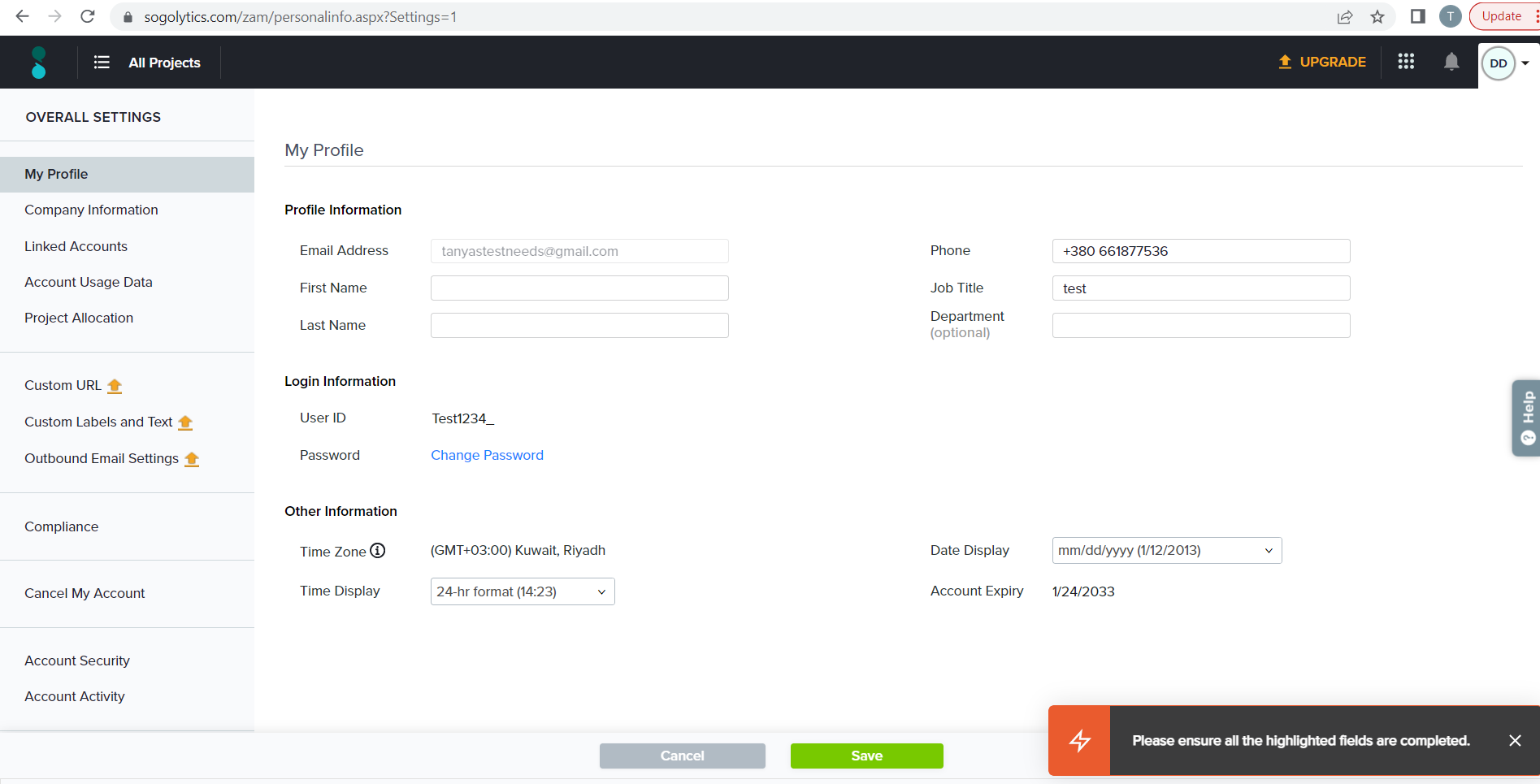 Validation message is displayed but no fields are highlighted