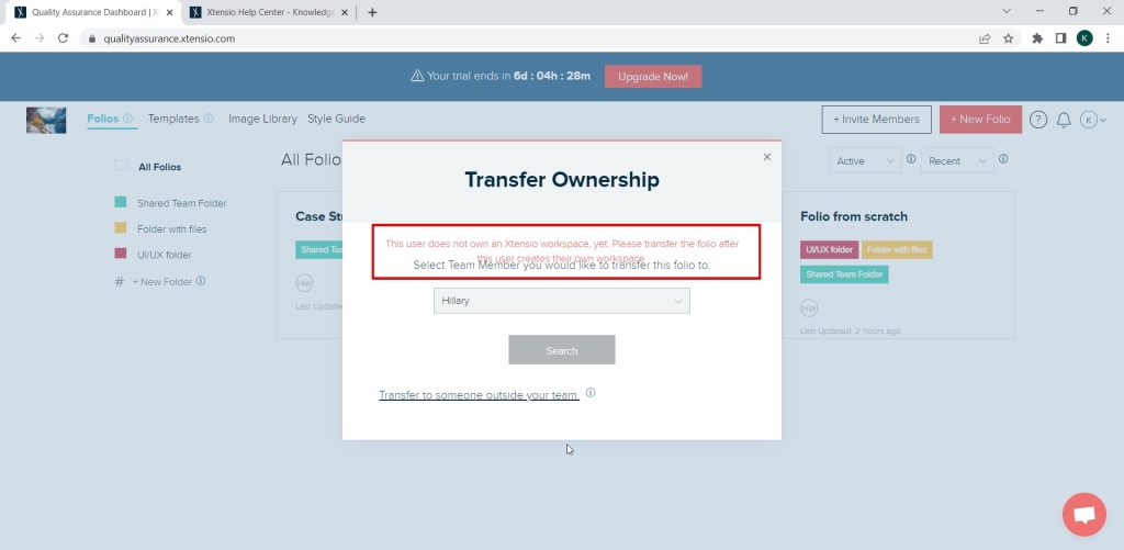 Warning message overlaps main paragraph in “Transfer Ownership” popup