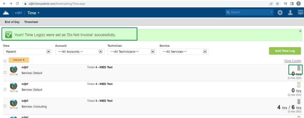 No bugs found after marking time log as 