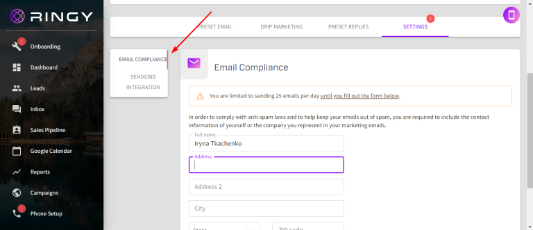 Email Compliance button is not indented to right