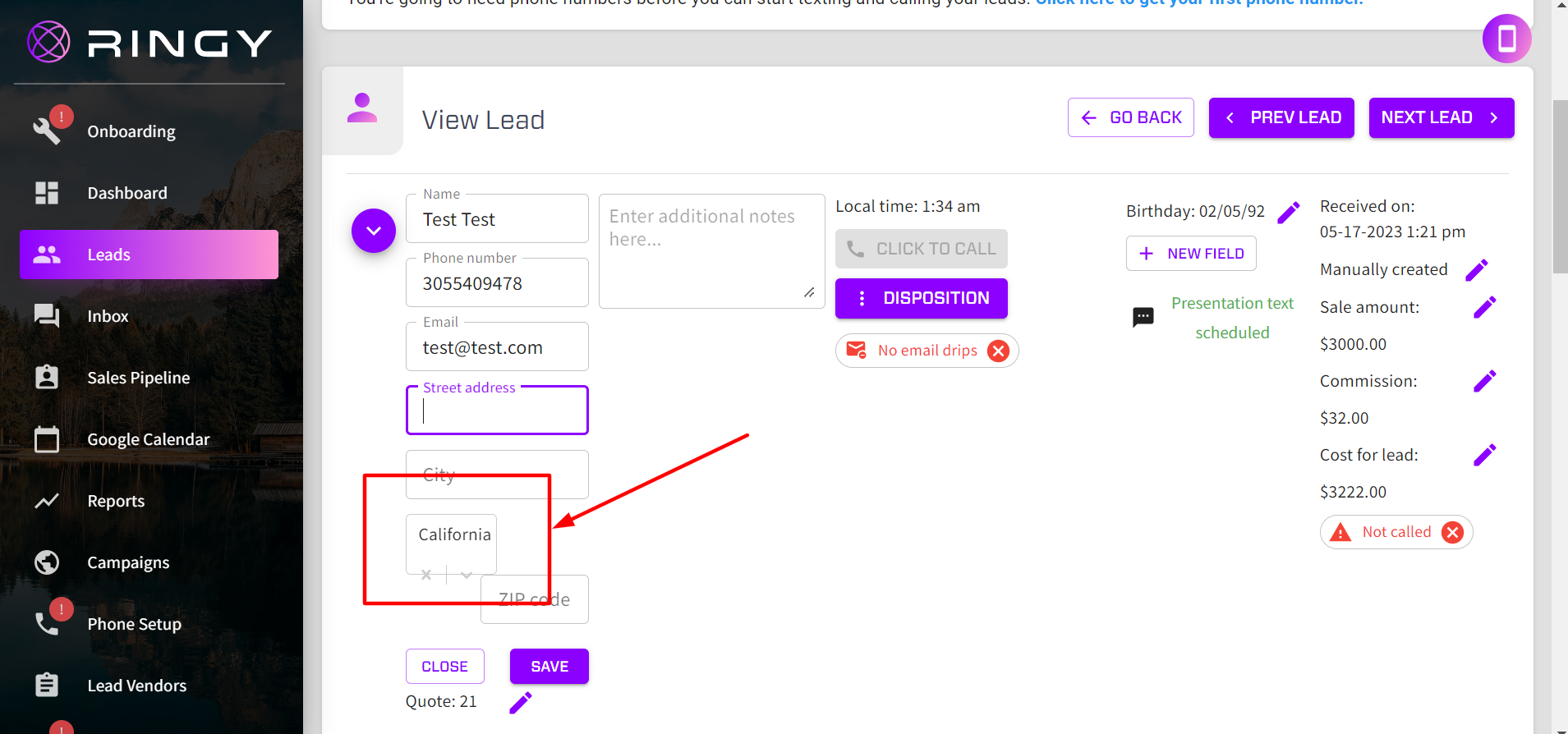 When selecting state for lead, field buttons extend beyond box