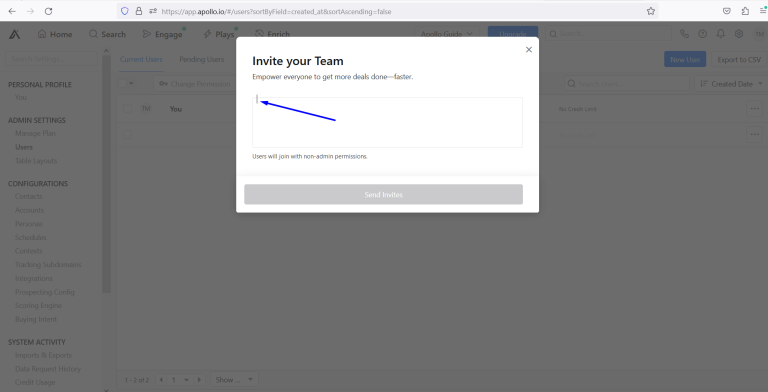 Cursor is displayed outside of “Invite your Team” modal window