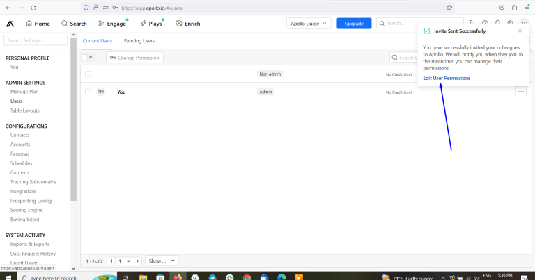 “Edit User Permissions” link doesn’t work after sending invitation to new user