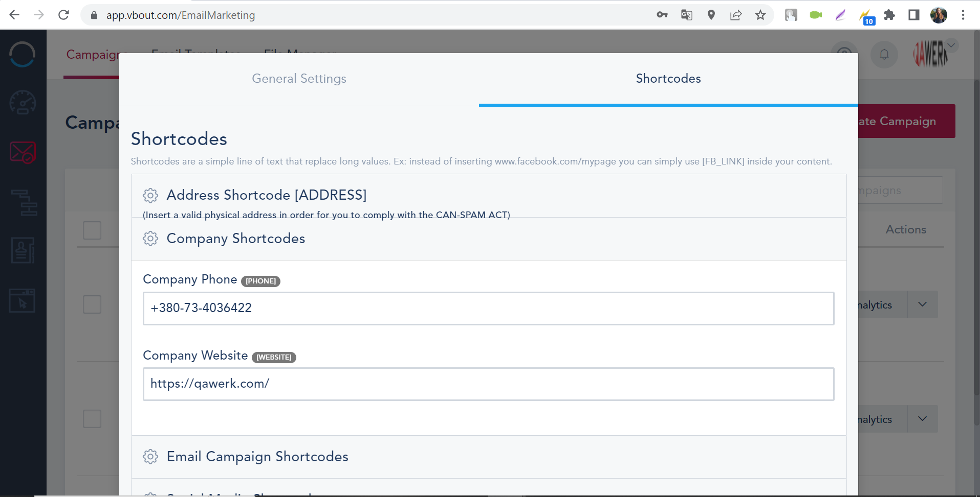 Description text for “Address Shortcode” is superimposed