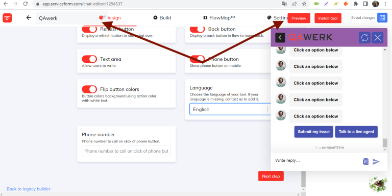 Search field and buttons are superimposed on top menu of chatbot customization