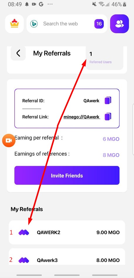 App shows 1 referral, but there are 2 below