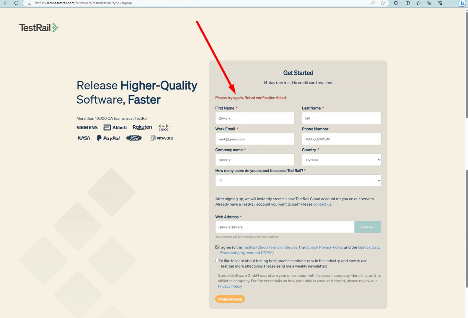 Error Robot verification failed is displayed during registration