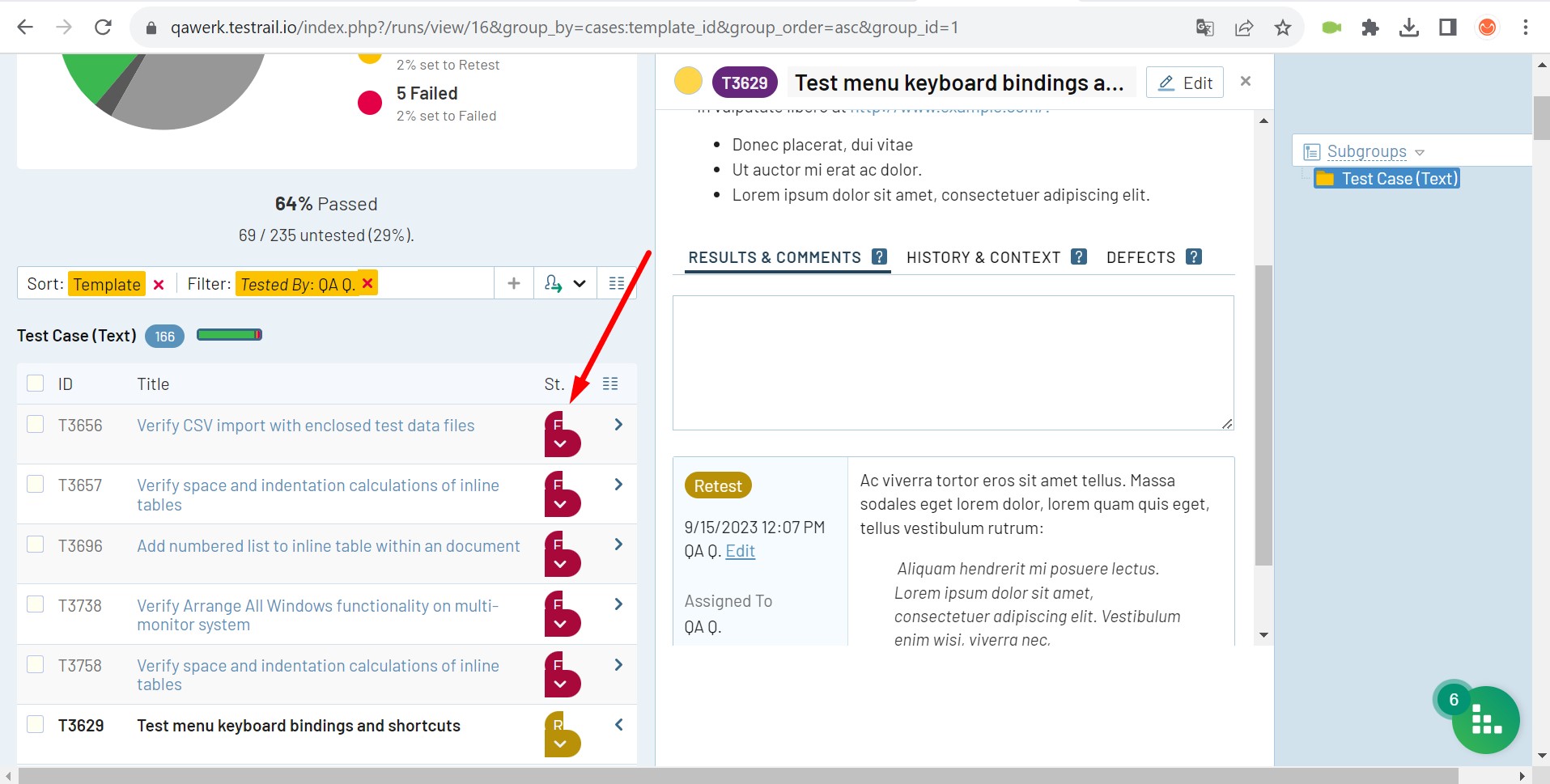 Status of test case does not fit within page