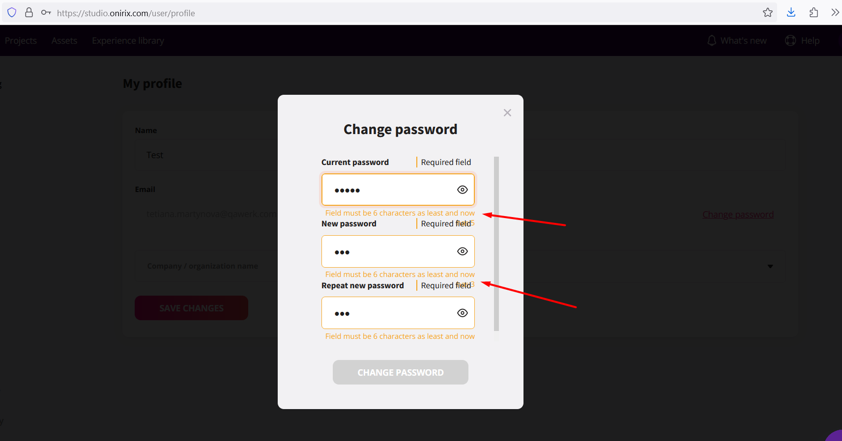 Validation messages overlap labels on 'Change Password' pop-up